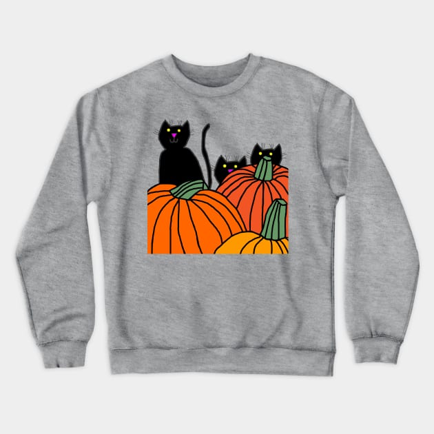 Three Black Cats in the Halloween Pumpkin Patch Crewneck Sweatshirt by ellenhenryart